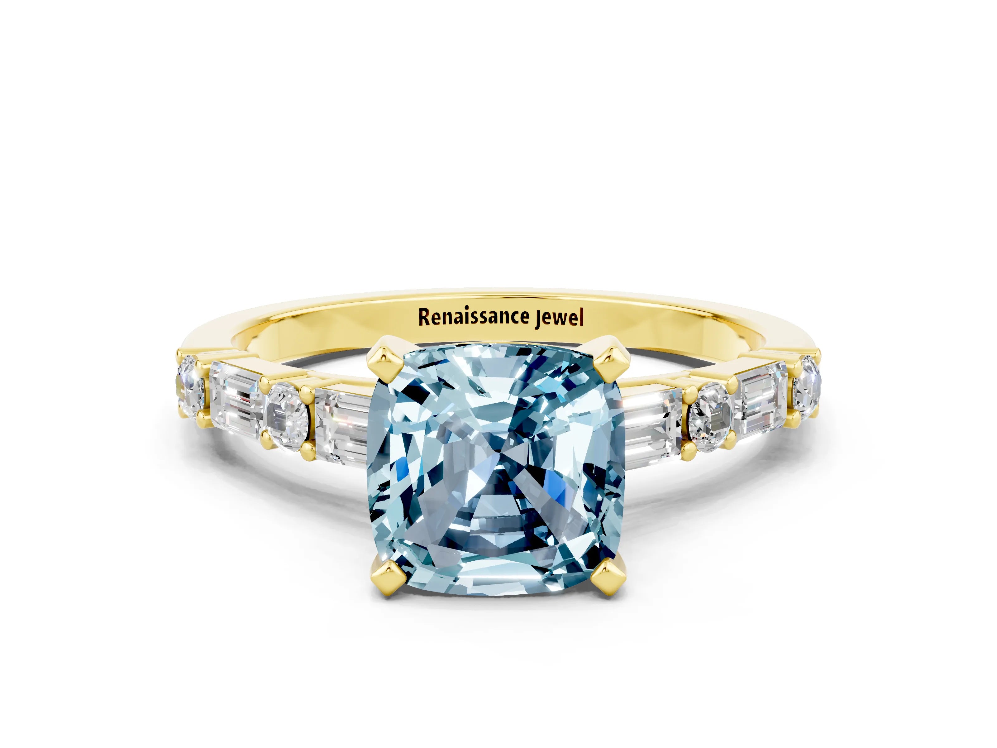 Yellow gold Cushion Cut Aquamarine Solitaire with Side Baguettes and Channel Set Band