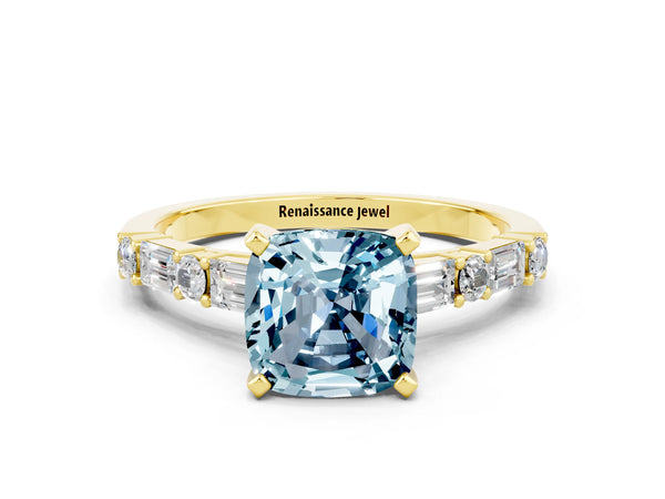 Yellow gold Cushion Cut Aquamarine Solitaire with Side Baguettes and Channel Set Band