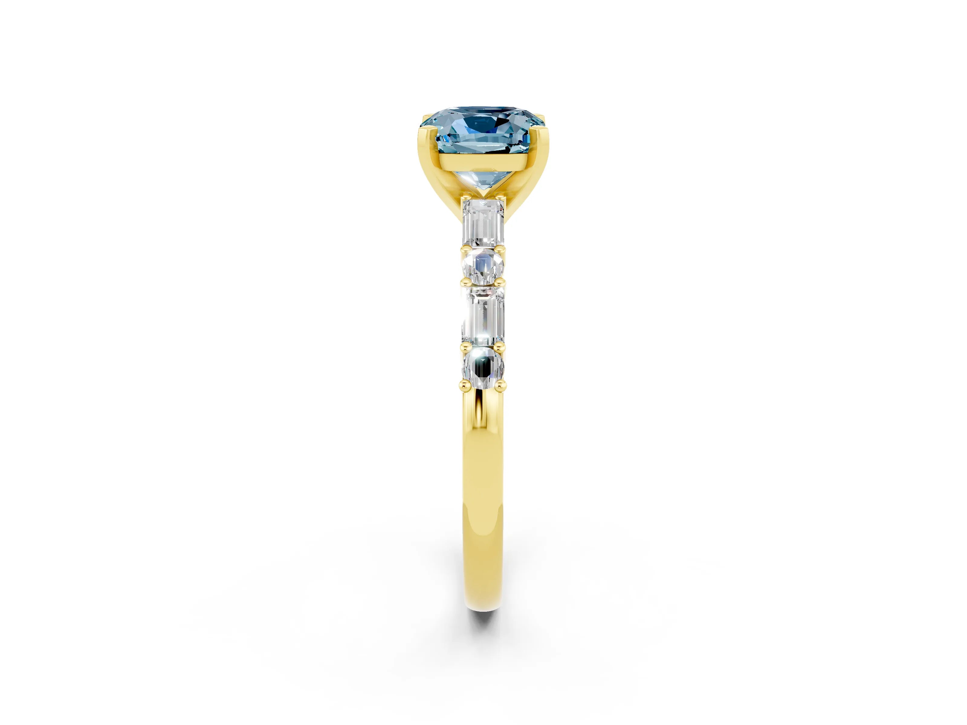 Yellow gold Cushion Cut Aquamarine Solitaire with Side Baguettes and Channel Set Band_2