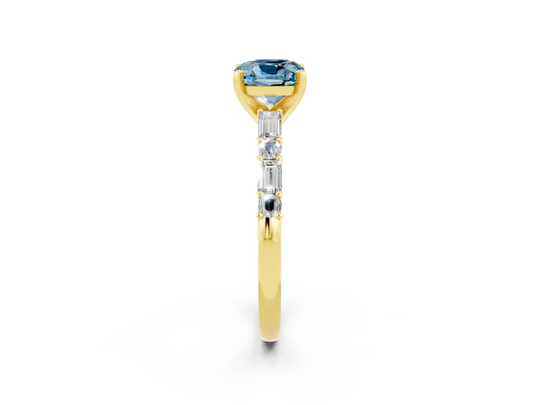Yellow gold Cushion Cut Aquamarine Solitaire with Side Baguettes and Channel Set Band