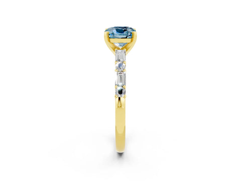 Yellow gold Cushion Cut Aquamarine Solitaire with Side Baguettes and Channel Set Band_2