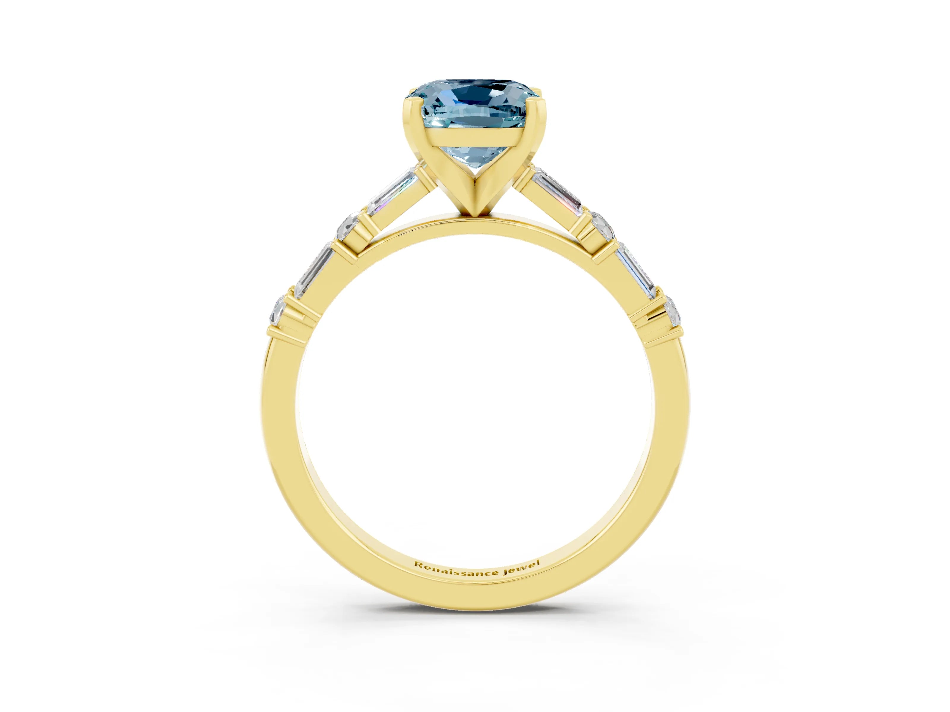 Yellow gold Cushion Cut Aquamarine Solitaire with Side Baguettes and Channel Set Band_3