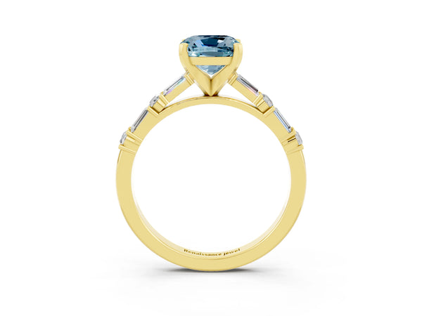Yellow gold Cushion Cut Aquamarine Solitaire with Side Baguettes and Channel Set Band