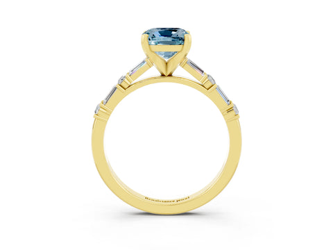 Yellow gold Cushion Cut Aquamarine Solitaire with Side Baguettes and Channel Set Band_3