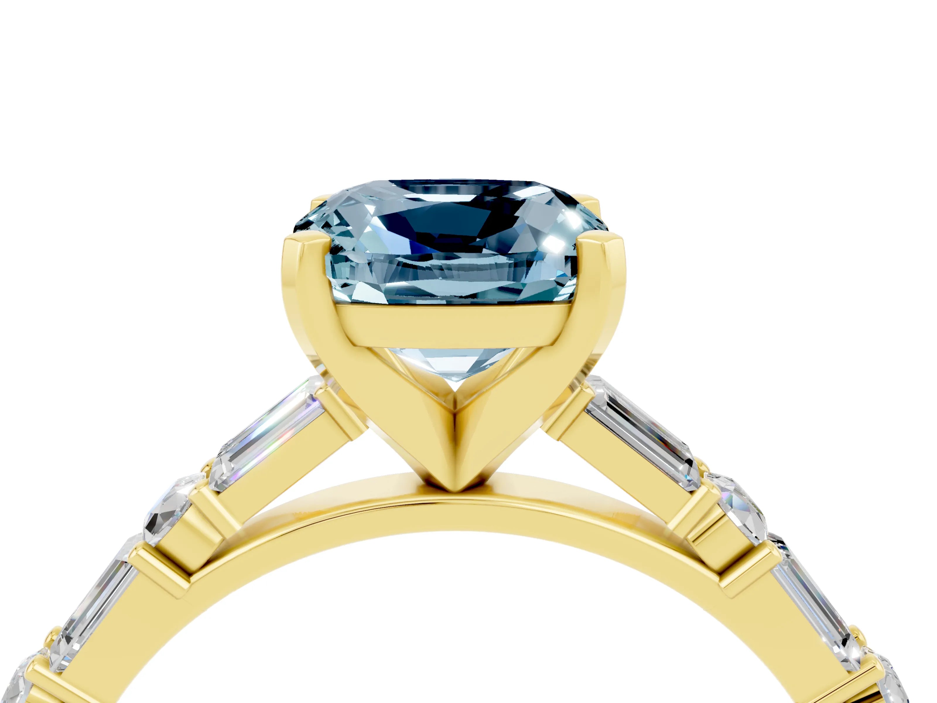 Yellow gold Cushion Cut Aquamarine Solitaire with Side Baguettes and Channel Set Band_4
