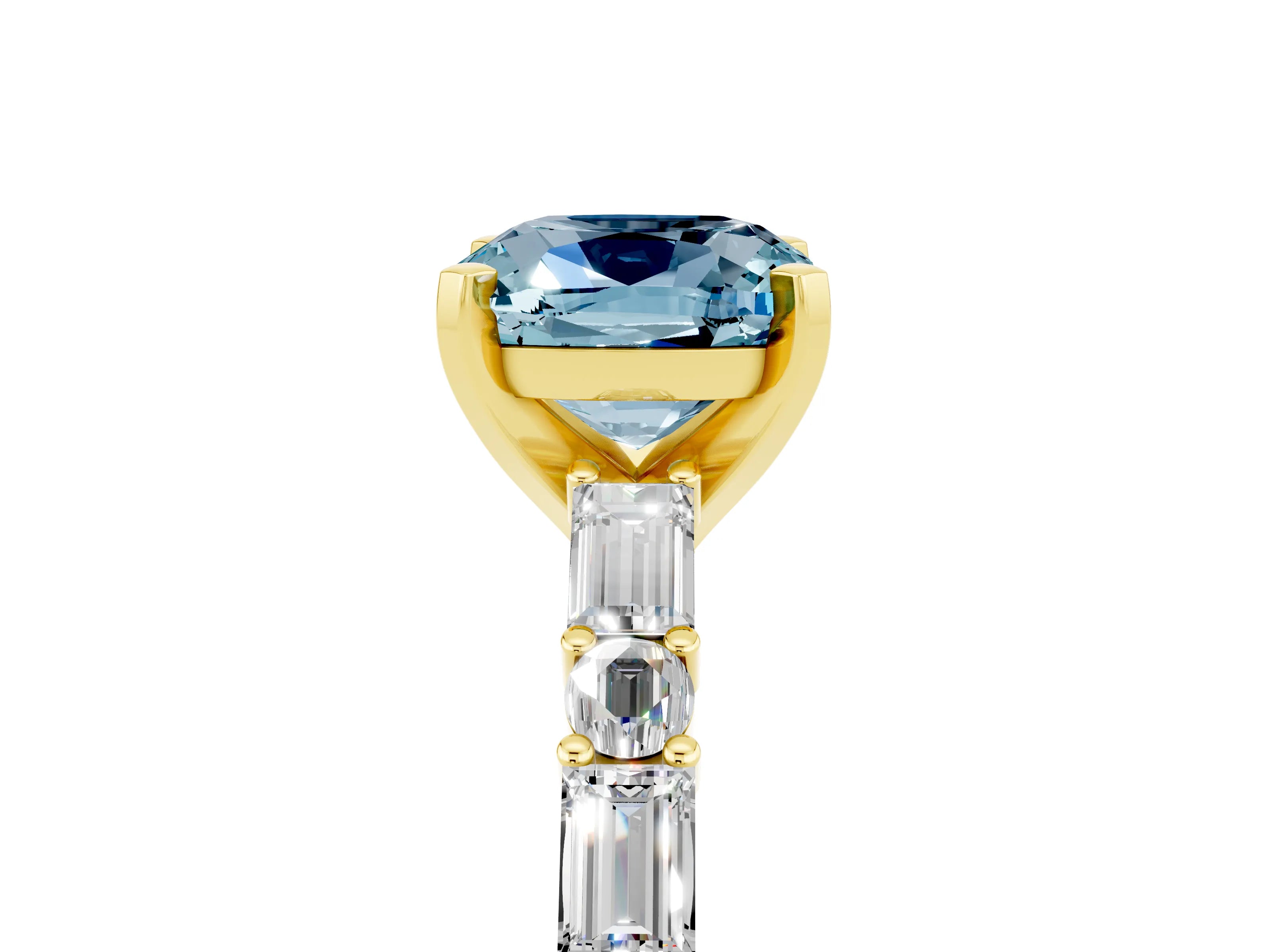 Yellow gold Cushion Cut Aquamarine Solitaire with Side Baguettes and Channel Set Band_5