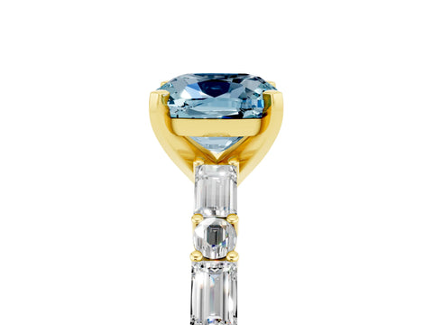 Yellow gold Cushion Cut Aquamarine Solitaire with Side Baguettes and Channel Set Band_5