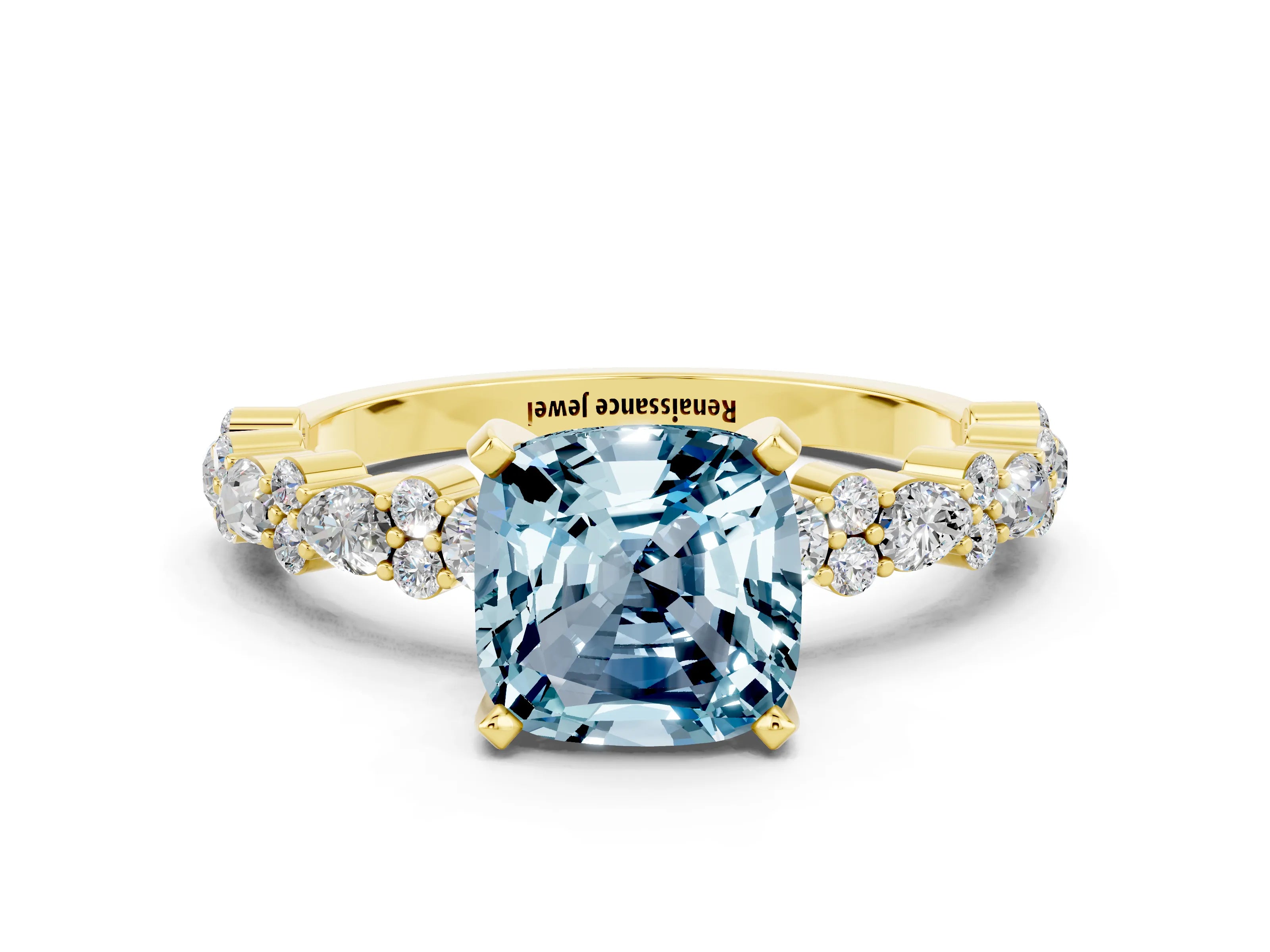 Yellow gold Cushion Cut Aquamarine Solitaire with Side Stones, Pave Band, Four-Prong Setting_24