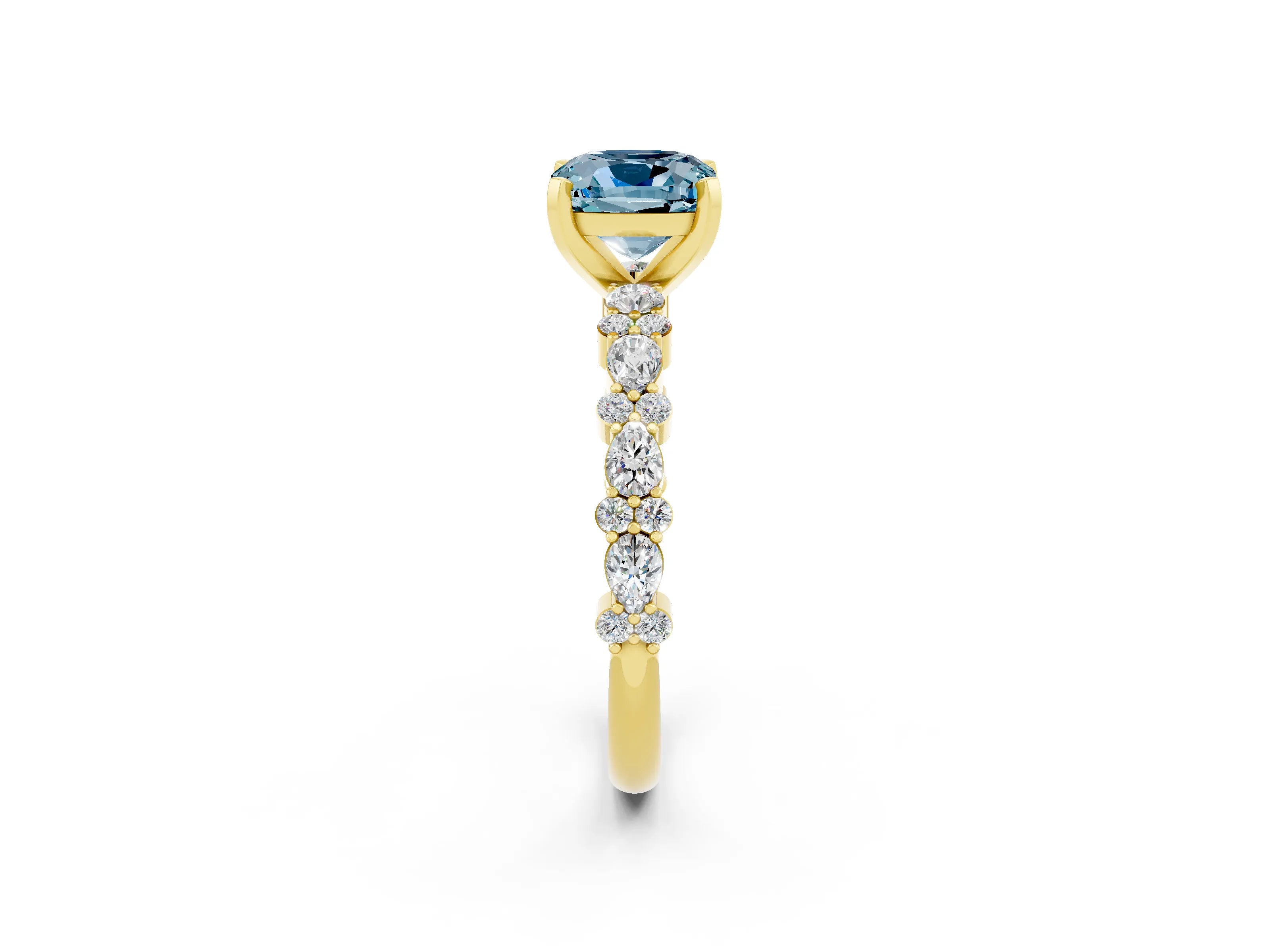 Yellow gold Cushion Cut Aquamarine Solitaire with Side Stones, Pave Band, Four-Prong Setting_26