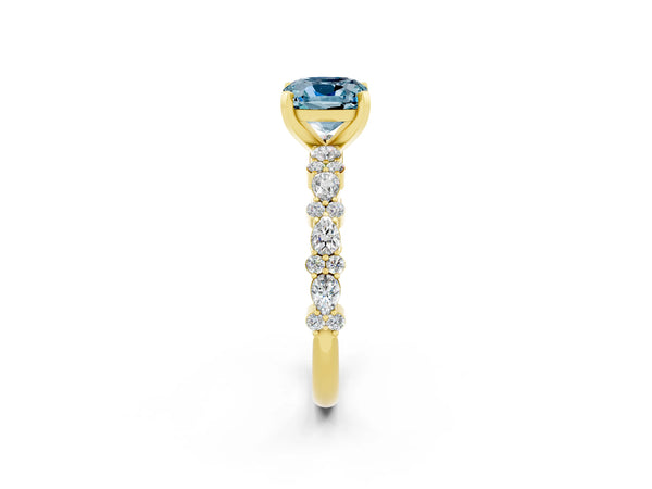 Yellow gold Cushion Cut Aquamarine Side Stone Solitaire Ring with Round  and Four-Prong Setting
