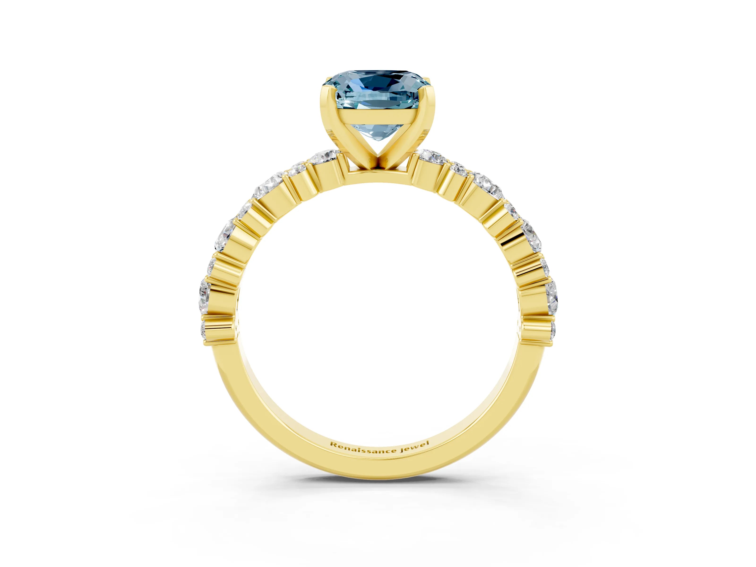 Yellow gold Cushion Cut Aquamarine Solitaire with Side Stones, Pave Band, Four-Prong Setting_27
