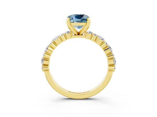 Yellow gold Cushion Cut Aquamarine Side Stone Solitaire Ring with Round  and Four-Prong Setting