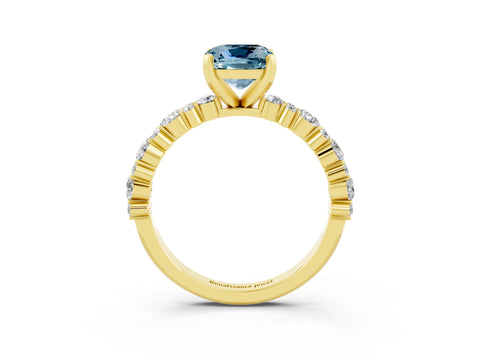 Yellow gold Cushion Cut Aquamarine Solitaire with Side Stones, Pave Band, Four-Prong Setting_27