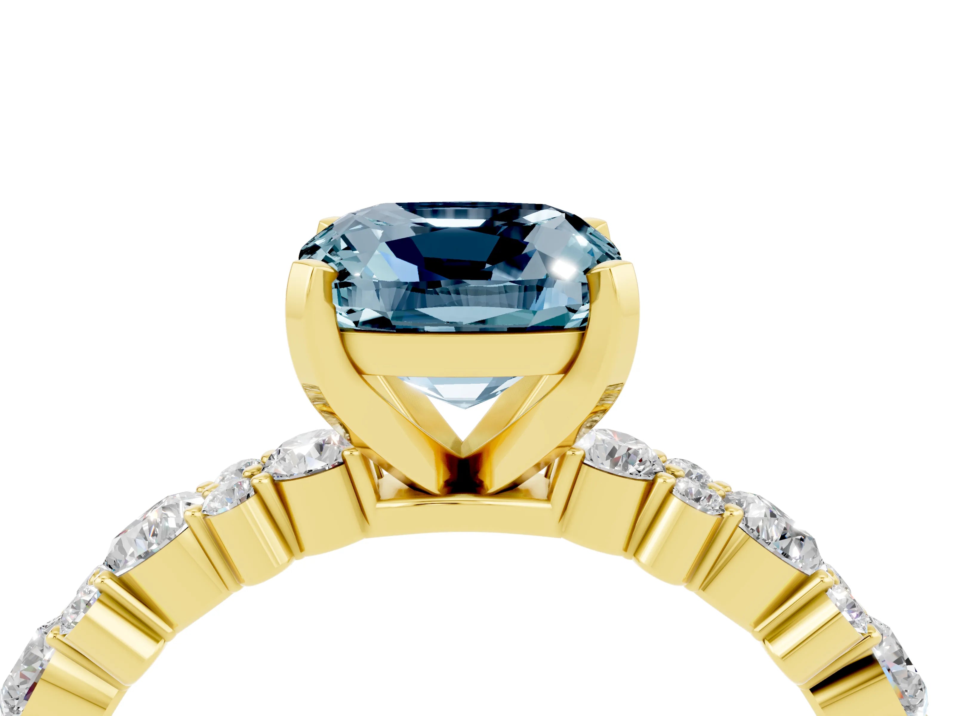 Yellow gold Cushion Cut Aquamarine Solitaire with Side Stones, Pave Band, Four-Prong Setting_28