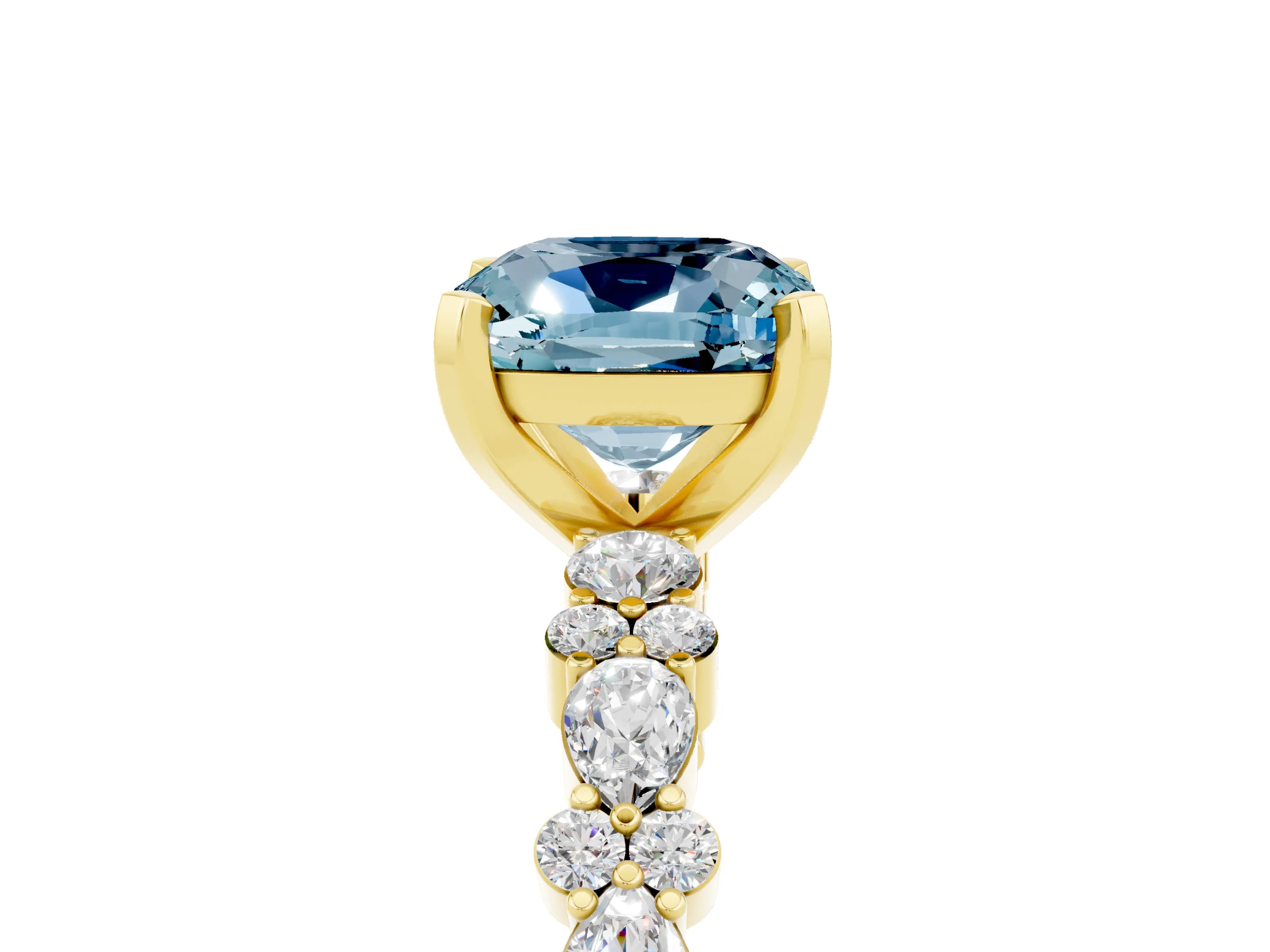 Yellow gold Cushion Cut Aquamarine Solitaire with Side Stones, Pave Band, Four-Prong Setting_29