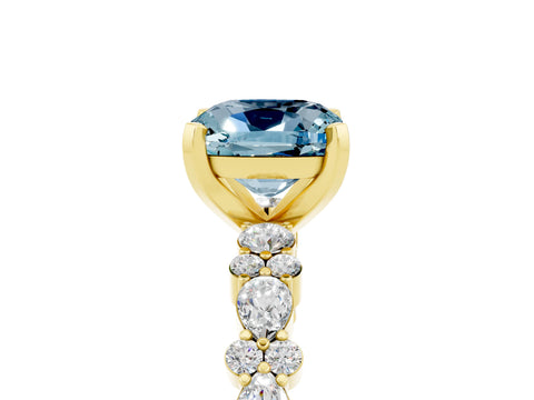 Yellow gold Cushion Cut Aquamarine Solitaire with Side Stones, Pave Band, Four-Prong Setting_29