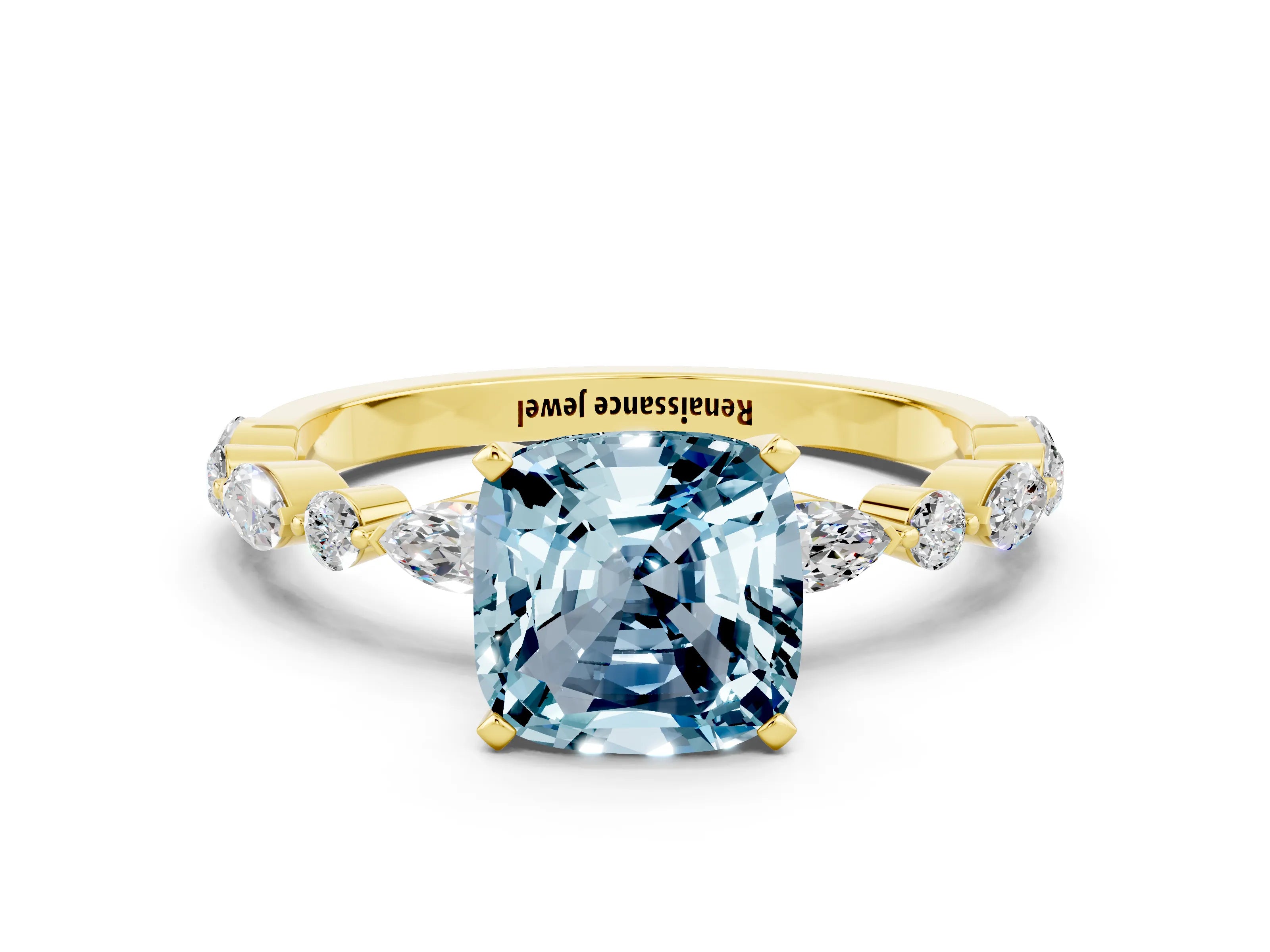 Yellow gold Cushion Cut Aquamarine Solitaire with Side Stones on a Pavé Band and Four-Prong Setting