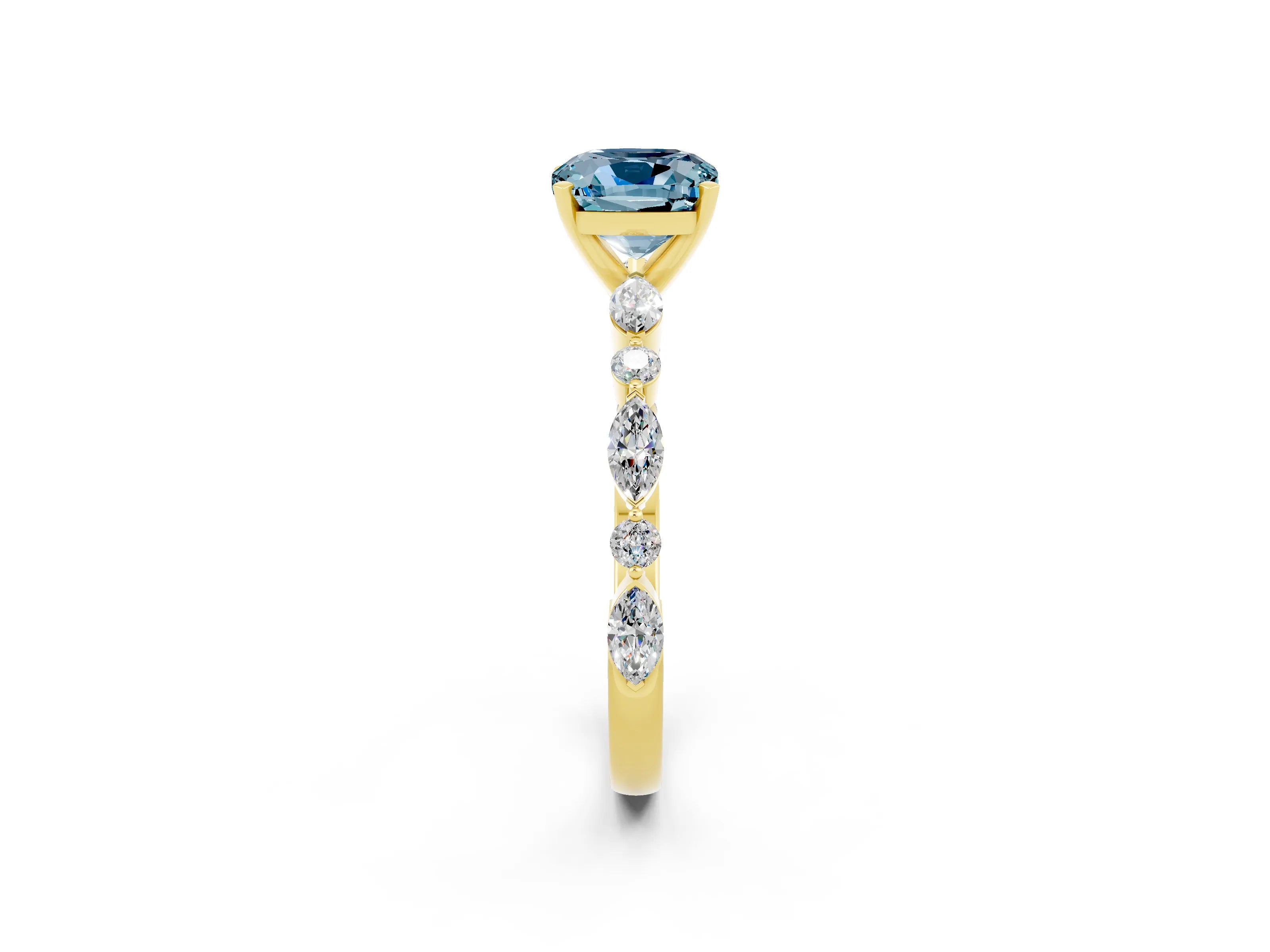 Yellow gold Cushion Cut Aquamarine Solitaire with Side Stones on a Pavé Band and Four-Prong Setting_2
