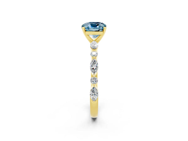 Yellow gold Cushion Cut Aquamarine Ring with Marquise and Round  Side Stones and Four-Prong Setting