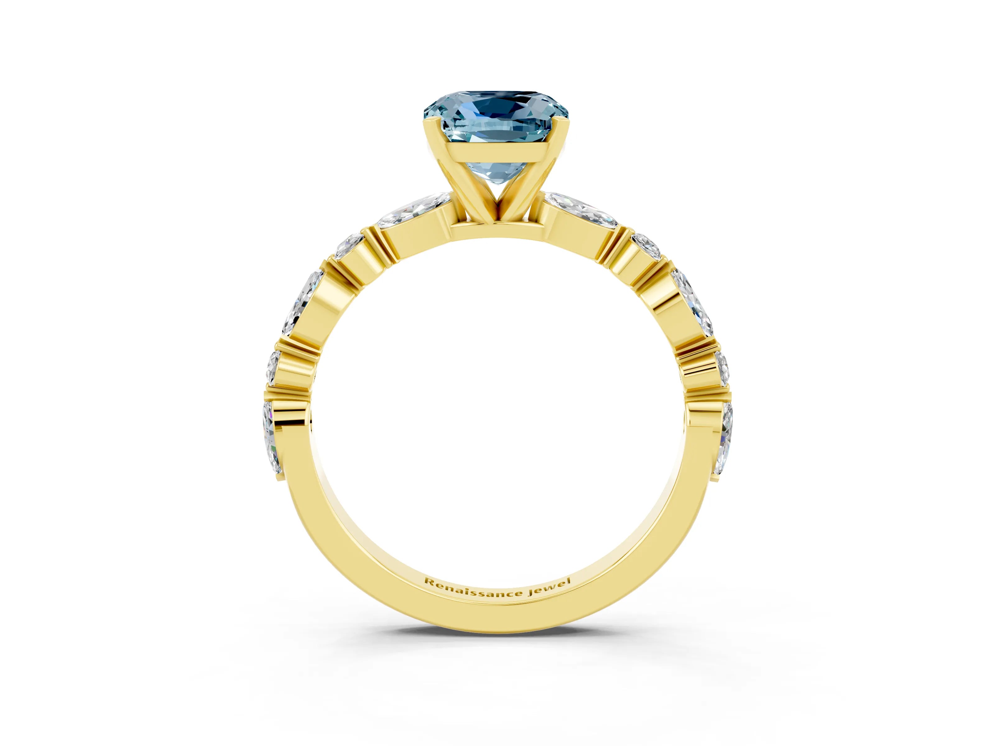 Yellow gold Cushion Cut Aquamarine Solitaire with Side Stones on a Pavé Band and Four-Prong Setting_3