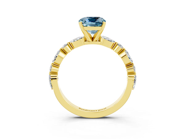 Yellow gold Cushion Cut Aquamarine Ring with Marquise and Round  Side Stones and Four-Prong Setting