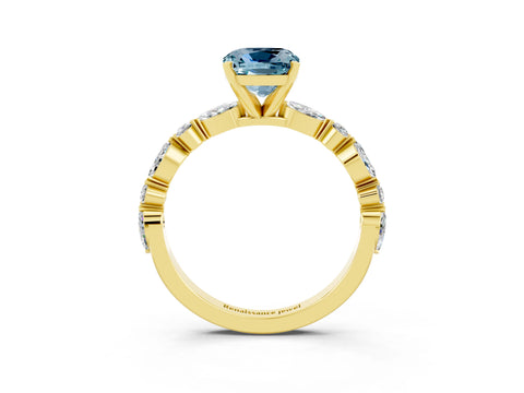 Yellow gold Cushion Cut Aquamarine Solitaire with Side Stones on a Pavé Band and Four-Prong Setting_3