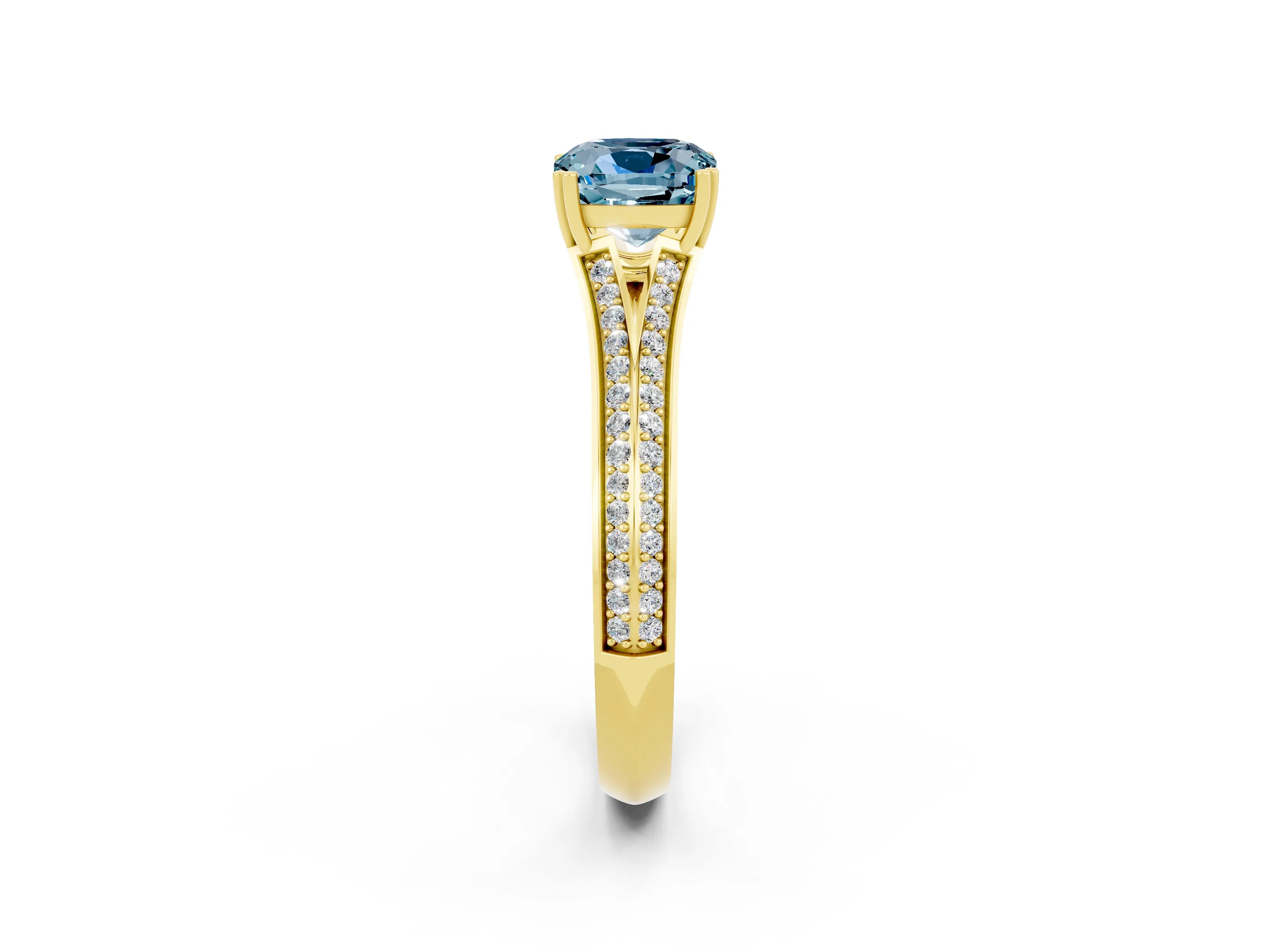Yellow gold Cushion Cut Aquamarine Split Shank Engagement Ring with Pavé Band_2