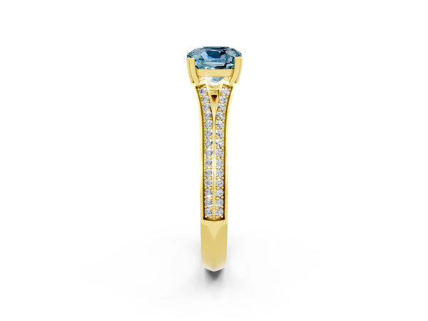 Yellow gold Cushion Cut Aquamarine Split Shank Engagement Ring with Pavé Band