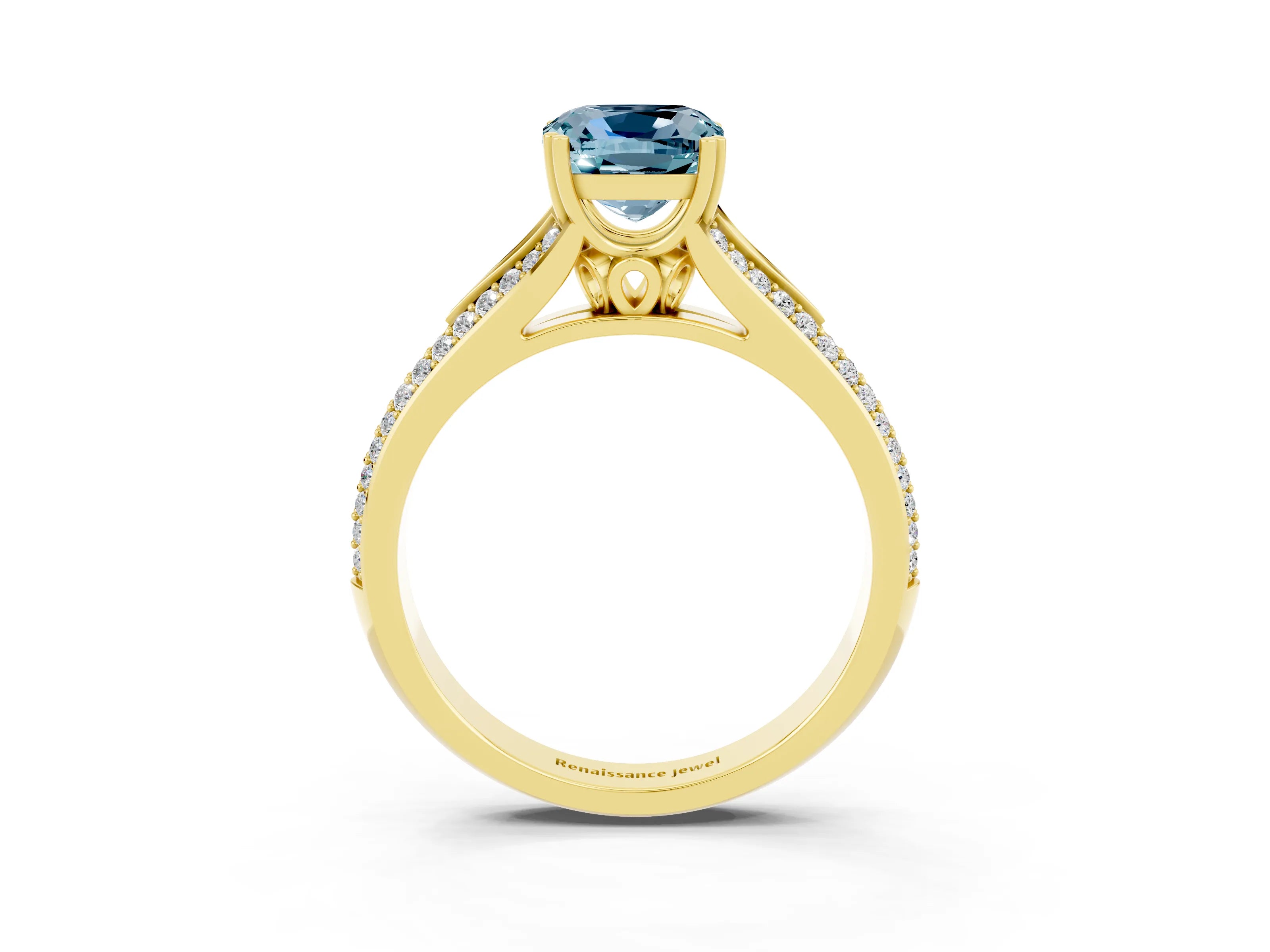 Yellow gold Cushion Cut Aquamarine Split Shank Engagement Ring with Pavé Band_3