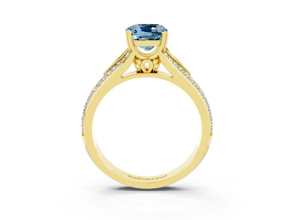 Yellow gold Cushion Cut Aquamarine Split Shank Engagement Ring with Pavé Band