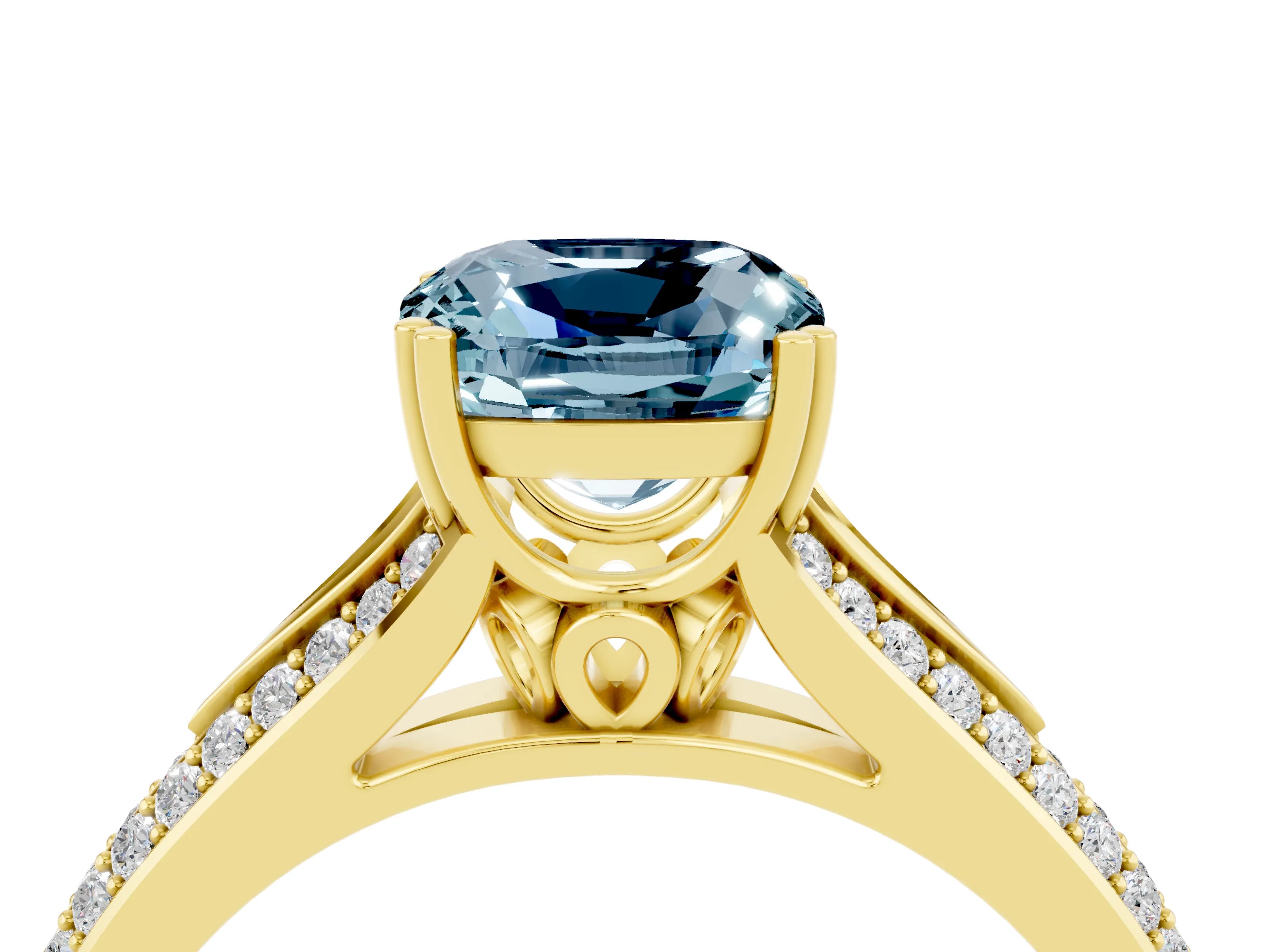 Yellow gold Cushion Cut Aquamarine Split Shank Engagement Ring with Pavé Band_4