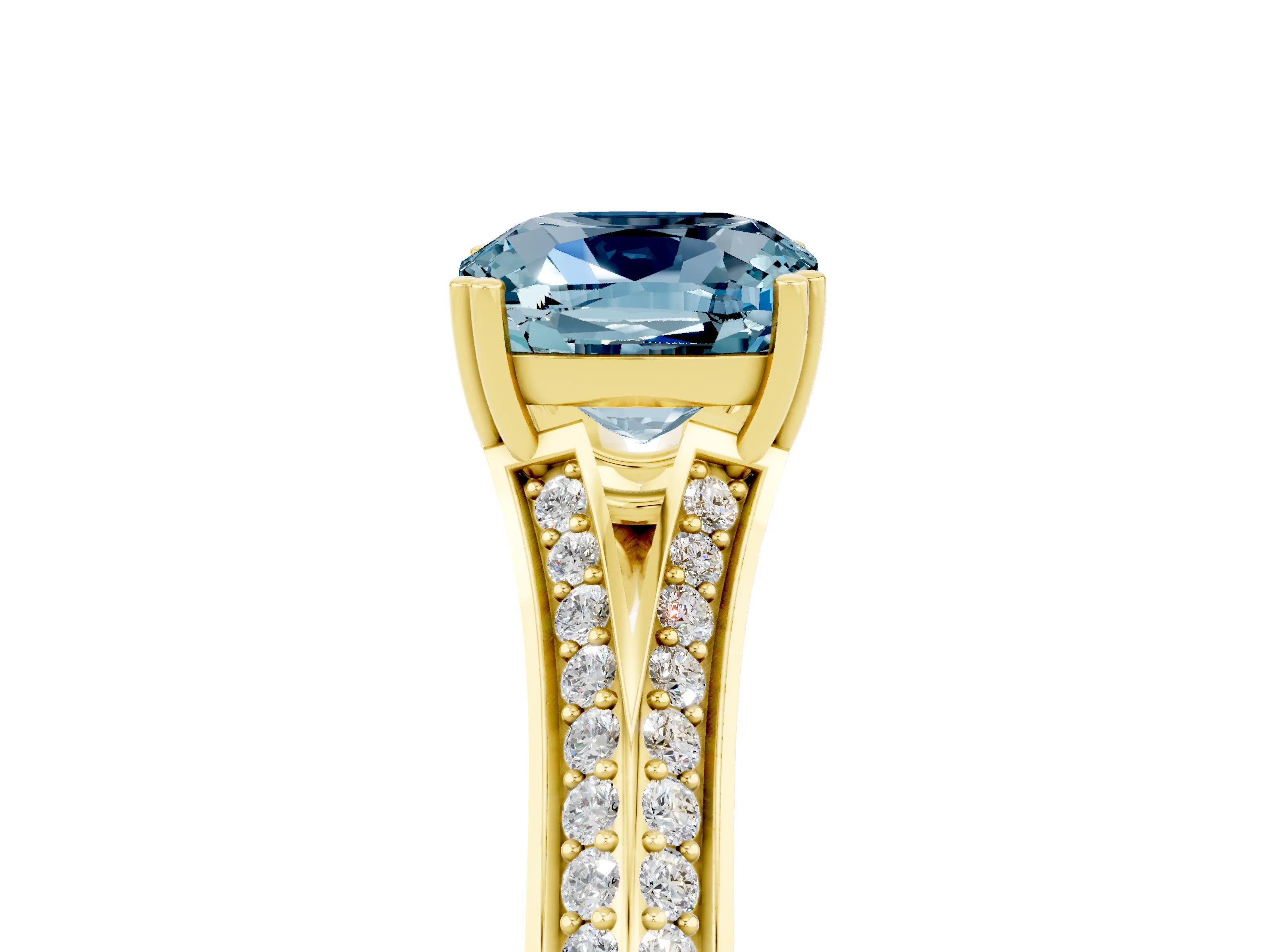 Yellow gold Cushion Cut Aquamarine Split Shank Engagement Ring with Pavé Band_5