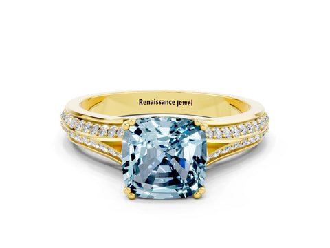 Yellow gold Cushion Cut Aquamarine Split Shank Engagement Ring with Pavé Band