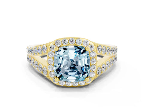 Yellow gold Cushion Cut Aquamarine Split Shank Halo Ring with Four-Prong Setting_12