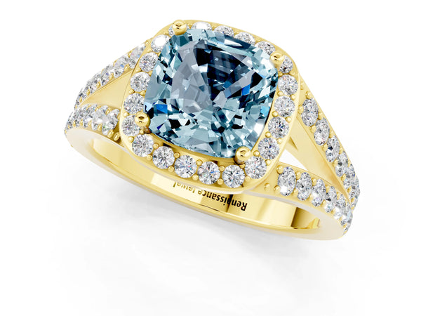Yellow gold Cushion Cut Aquamarine Split Shank Halo Ring with Four-Prong Setting