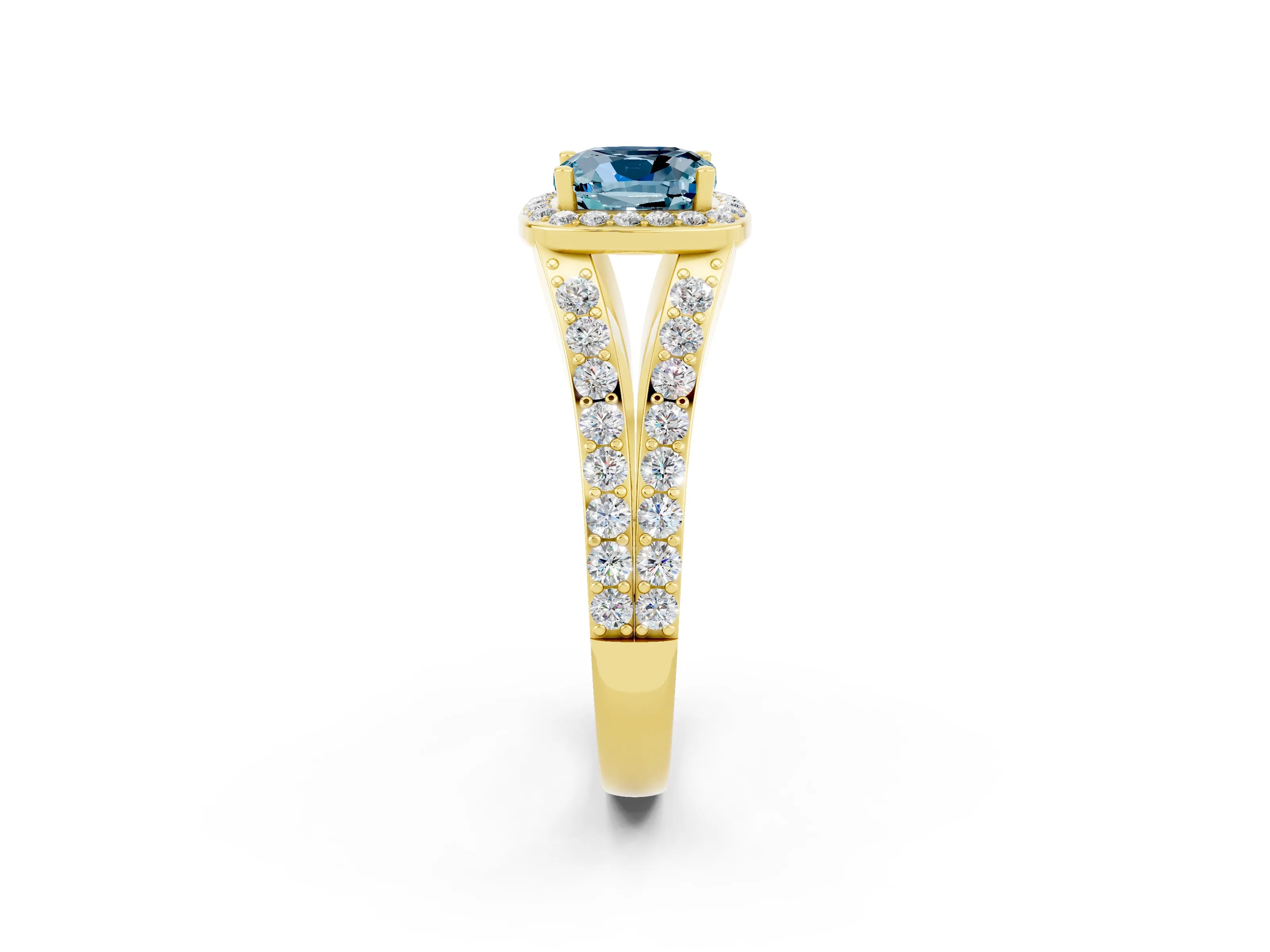 Yellow gold Cushion Cut Aquamarine Split Shank Halo Ring with Four-Prong Setting_14