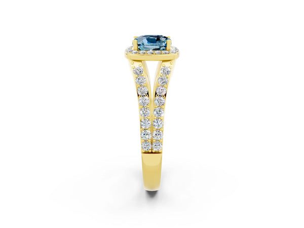 Yellow gold Cushion Cut Aquamarine Split Shank Halo Ring with Four-Prong Setting