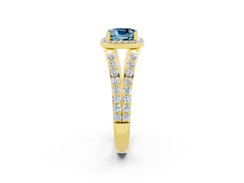 Yellow gold Cushion Cut Aquamarine Split Shank Halo Ring with Four-Prong Setting_14