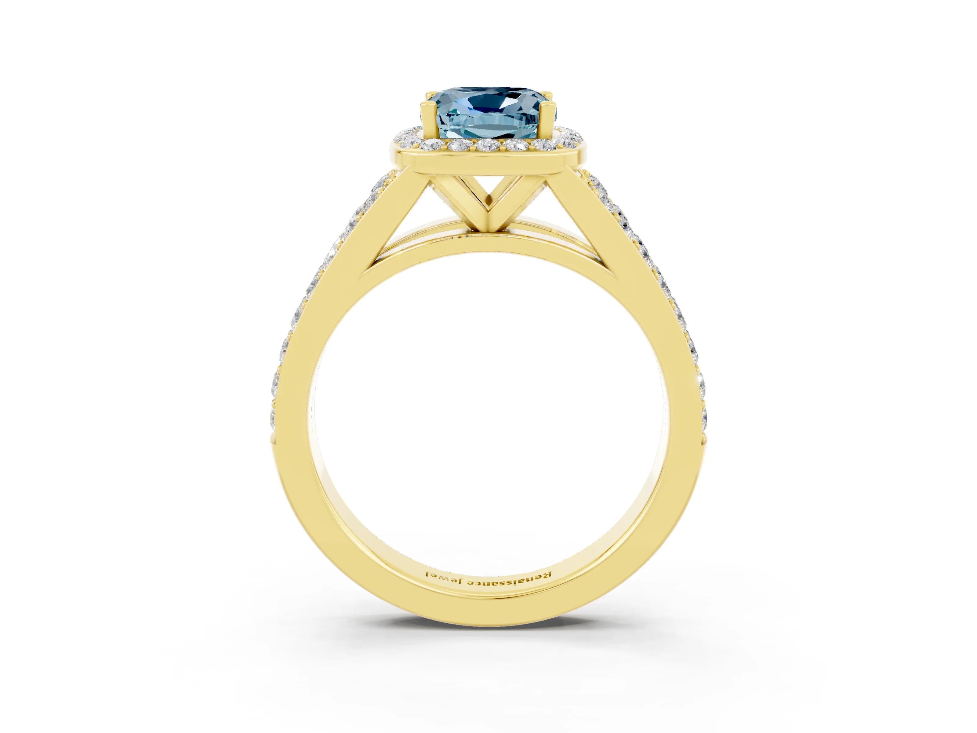 Yellow gold Cushion Cut Aquamarine Split Shank Halo Ring with Four-Prong Setting_15