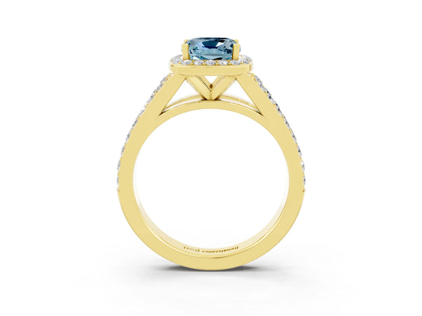 Yellow gold Cushion Cut Aquamarine Split Shank Halo Ring with Four-Prong Setting