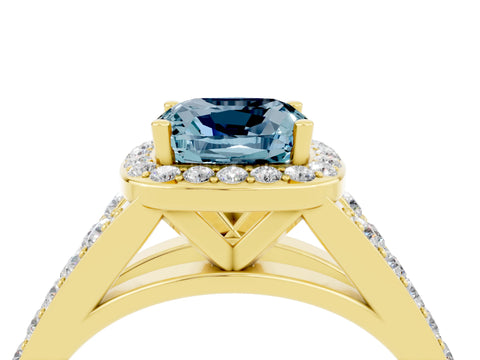 Yellow gold Cushion Cut Aquamarine Split Shank Halo Ring with Four-Prong Setting_16