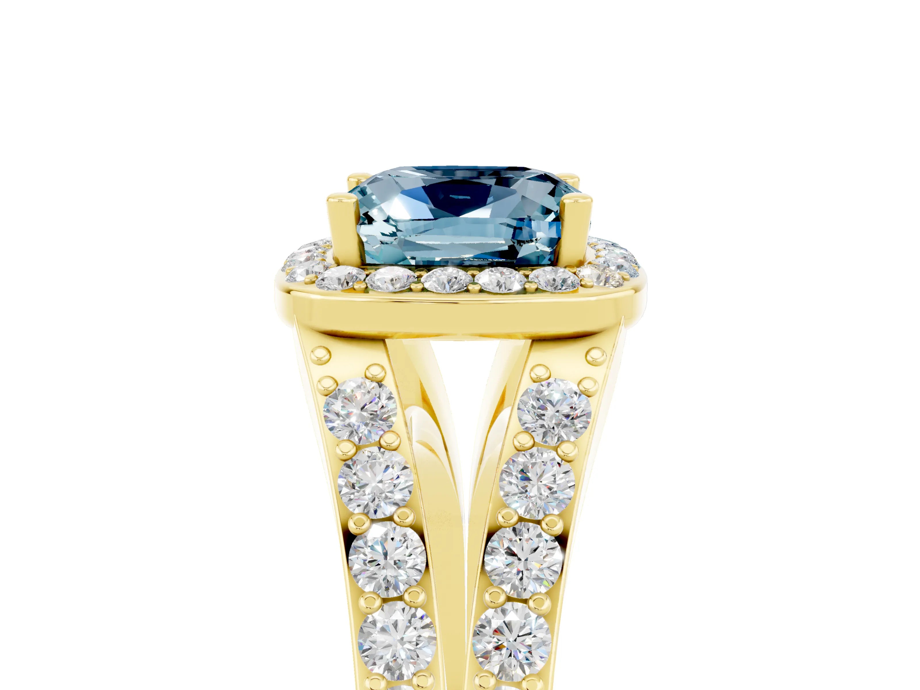 Yellow gold Cushion Cut Aquamarine Split Shank Halo Ring with Four-Prong Setting_17