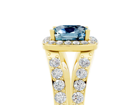 Yellow gold Cushion Cut Aquamarine Split Shank Halo Ring with Four-Prong Setting_17
