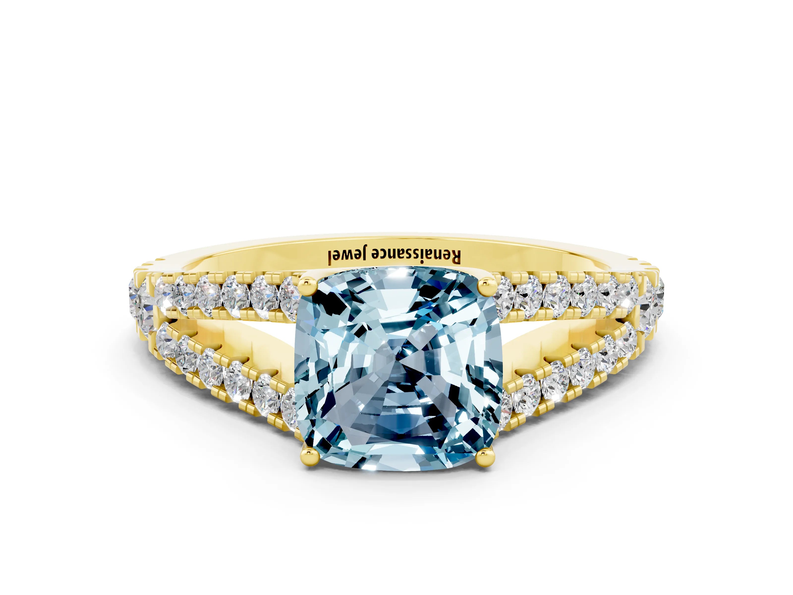 Yellow gold Cushion Cut Aquamarine Split Shank Pavé Engagement Ring with Four-Prong Setting_12