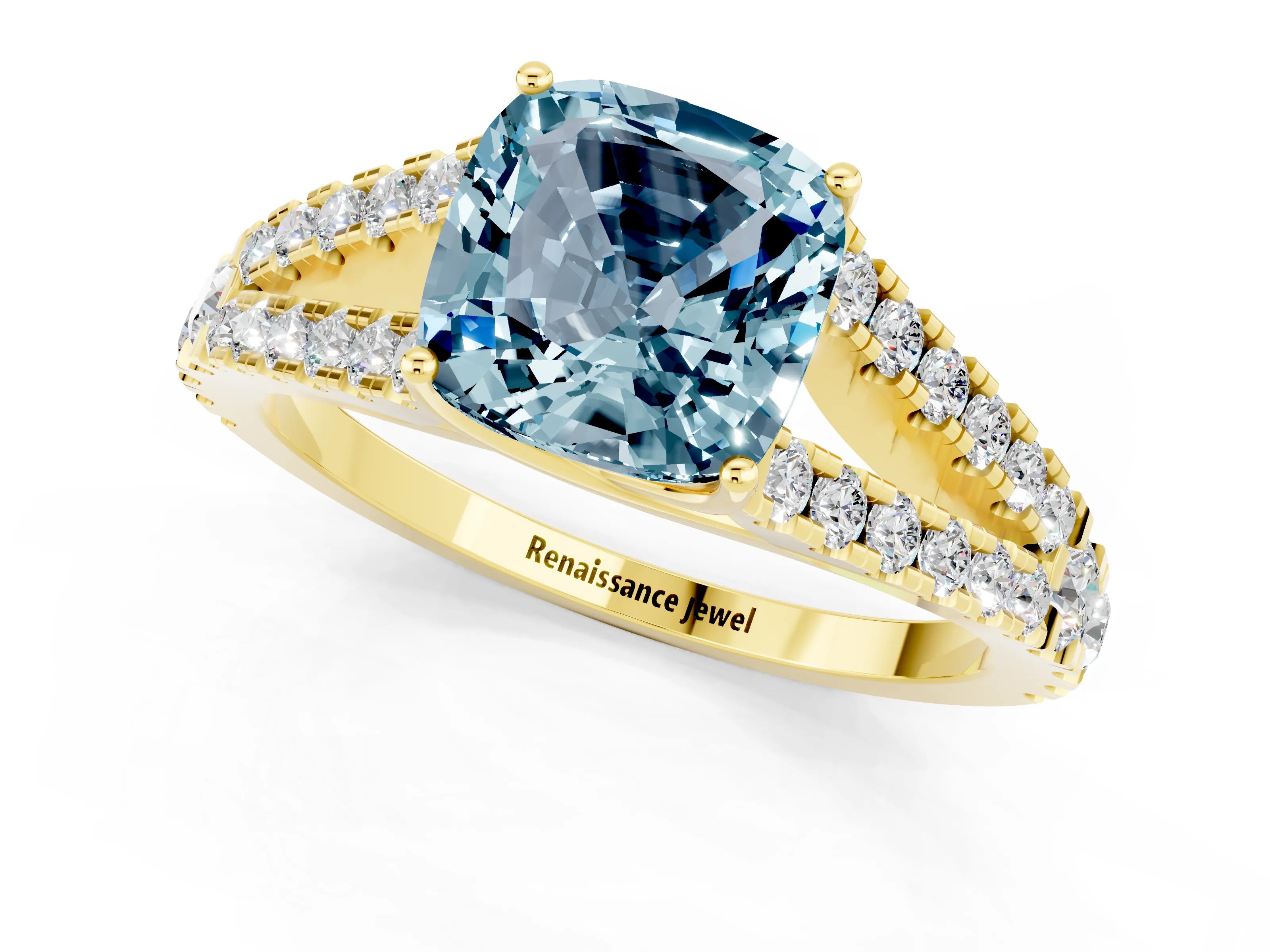 Yellow gold Cushion Cut Aquamarine Split Shank Pavé Engagement Ring with Four-Prong Setting_13