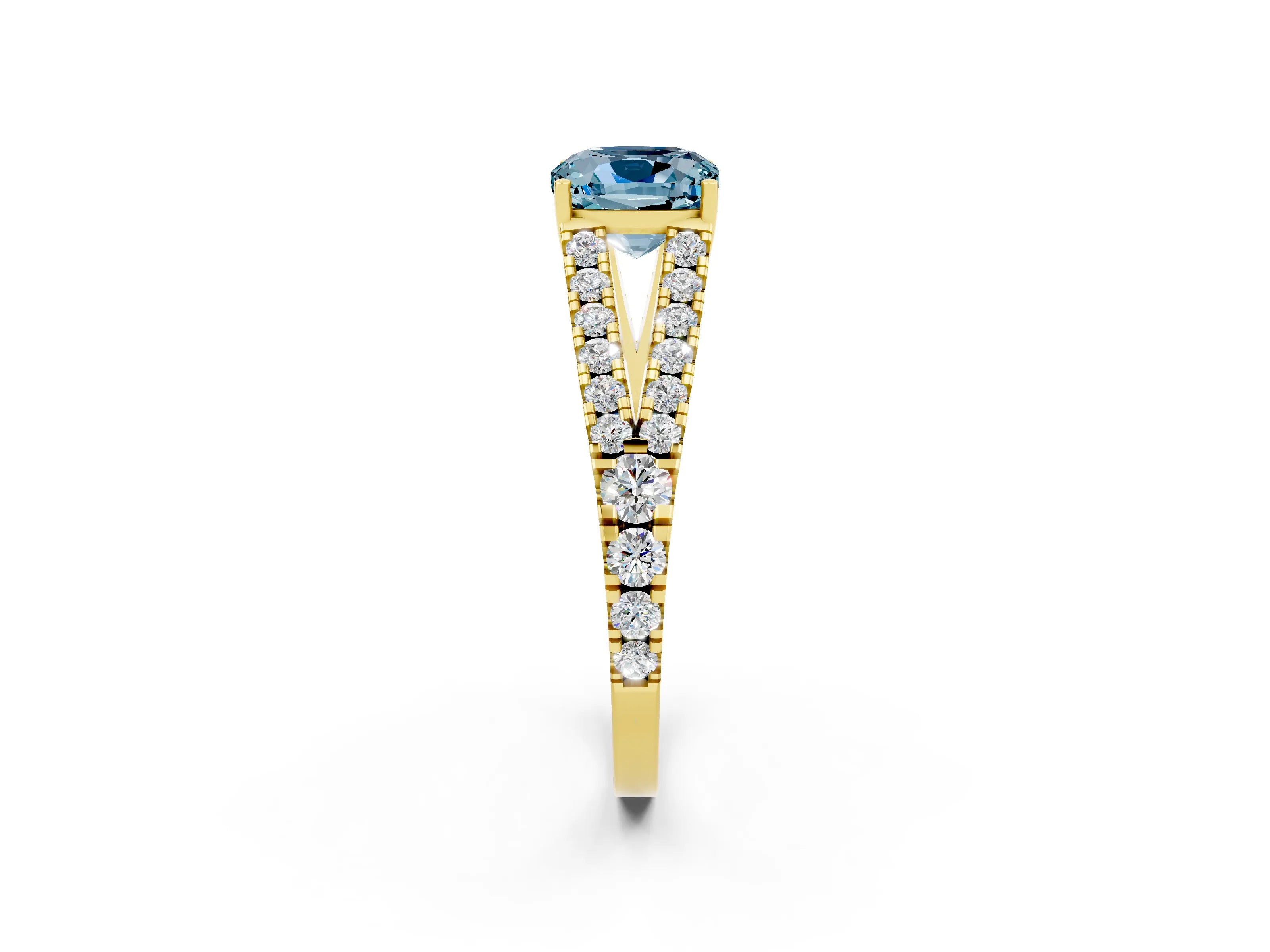 Yellow gold Cushion Cut Aquamarine Split Shank Pavé Engagement Ring with Four-Prong Setting_14