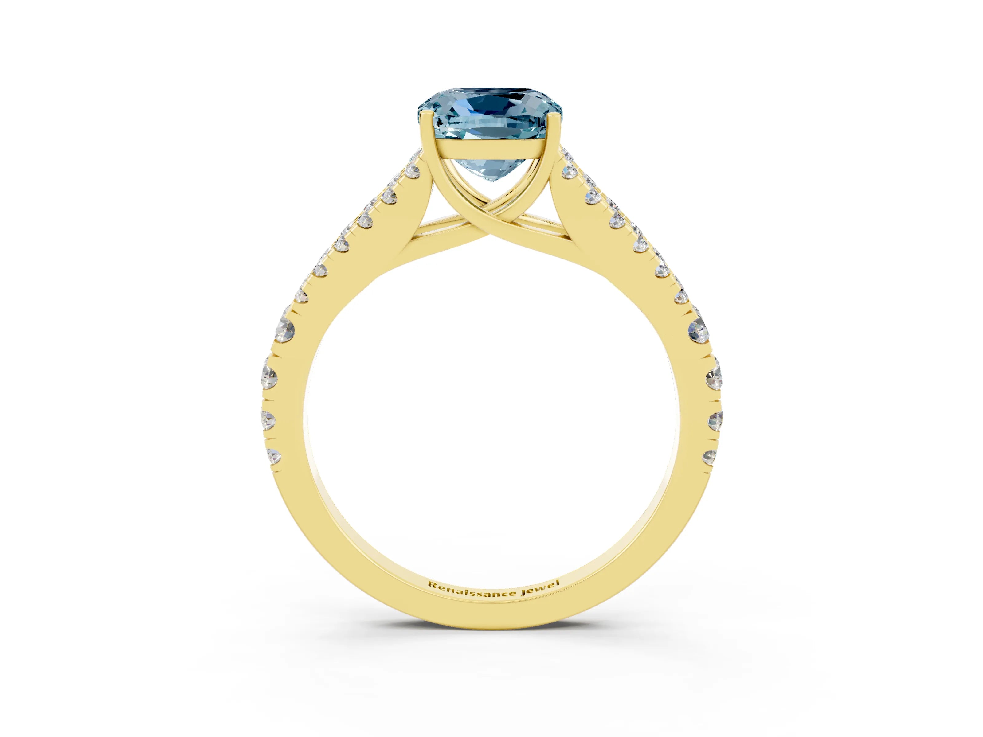 Yellow gold Cushion Cut Aquamarine Split Shank Pavé Engagement Ring with Four-Prong Setting_15