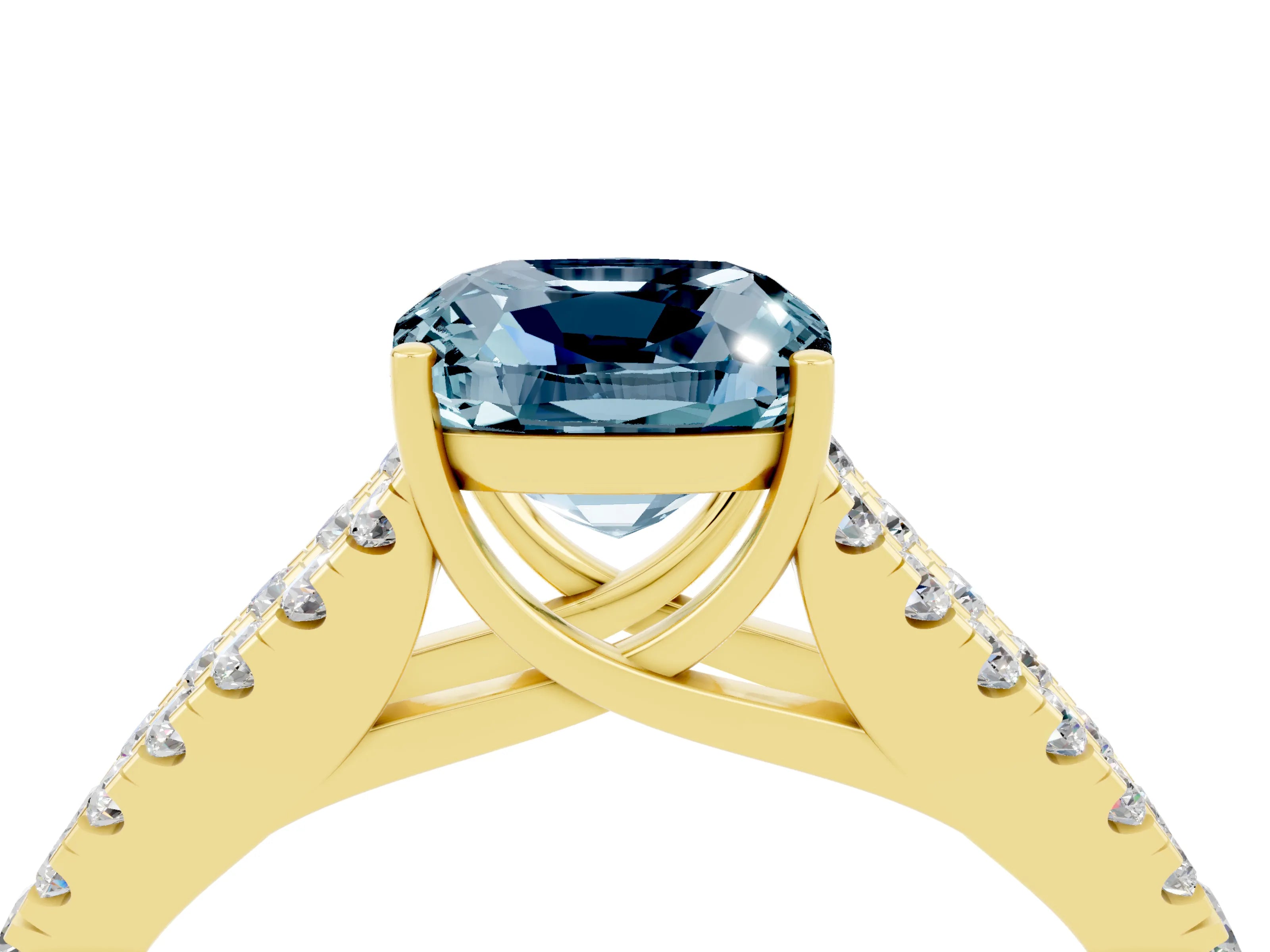 Yellow gold Cushion Cut Aquamarine Split Shank Pavé Engagement Ring with Four-Prong Setting_16