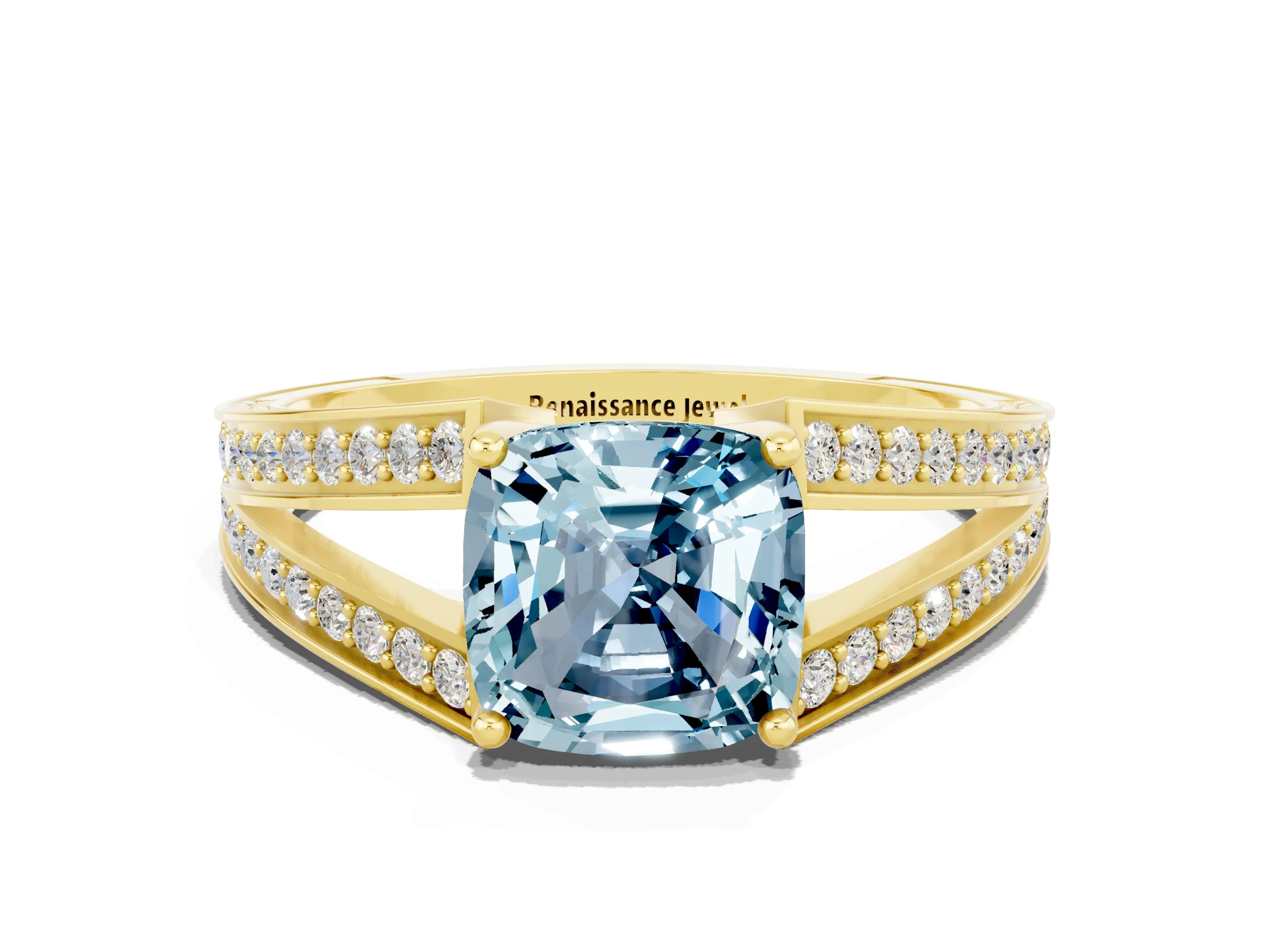 Yellow gold Cushion Cut Aquamarine Split Shank Ring with Pavé Band and Four-Prong Setting