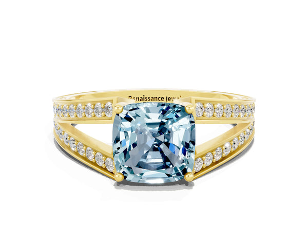 Yellow gold Cushion Cut Aquamarine Split Shank Ring with Pavé Band and Four-Prong Setting